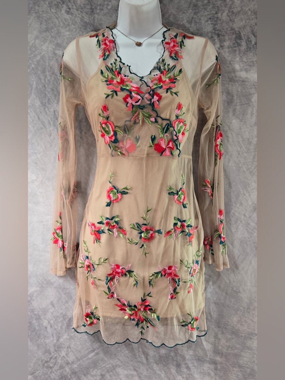 Guess Sheer Nude Mesh Dress with Pink & Green Floral Embroidery